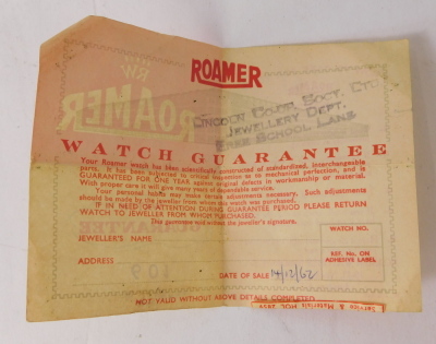 A Roamer 9ct gold cased gent's wristwatch, with a silvered finish numeric dial, on an expanding gold plated strap, 3cm diameter, 53.7g all in, boxed. - 4