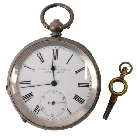 An Acme silver pocket watch, with white enamel Roman numeric dial, marked H Samuel Manchester, with Roman numerals and seconds dial, key wind, stamped with import marks 925, circa 1925, 3.31oz, with key.