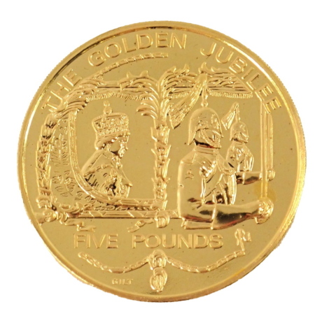 A Queen Elizabeth II Golden Jubilee Gold Stage Coach 2002 five pound silver proof coin, in presentation case.