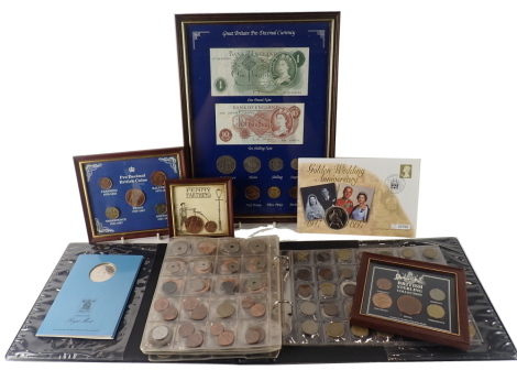 A group of collectors coins, comprising a Steward coin album, comprising five pence pieces, twenty pence pieces, pennies, half pennies, a British sterling collection presentation picture set for 1914, golden jubilee collectors coin, penny farthings etc. (