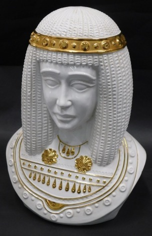 A pottery Egyptian style bust, with gilt decoration, possibly Cleopatra, 47cm high.