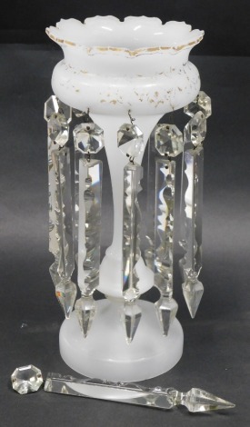 A Victorian white opaque glass table lustre, with gilt decoration, 34cm high. (AF)