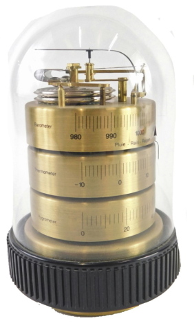 A Barigo weather station, with barometer, thermometer and hygrometer, under a Perspex dome, 18cm high.