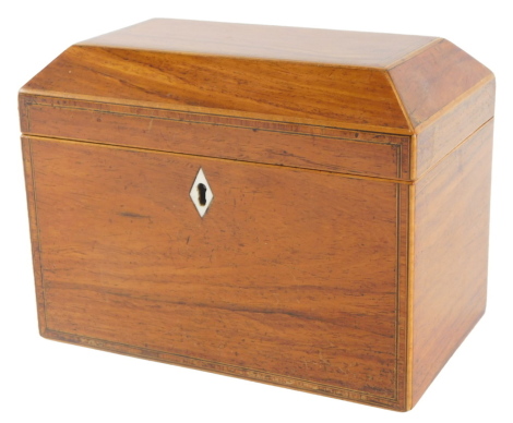 A Victorian tulipwood and kingwood cross banded tea caddy, the hinged lid enclosing two covers, 18cm wide.