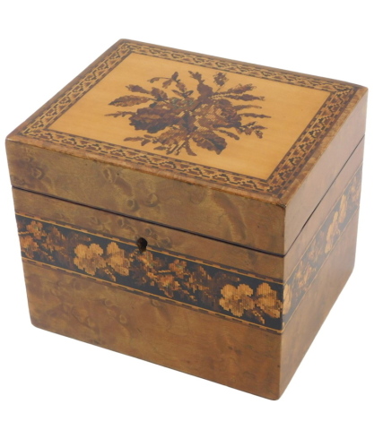 A late 19thC Tunbridge ware tea caddy, the rectangular top decorated with a spray of flowers within a parquetry border, the base with floral border, 14cm wide.