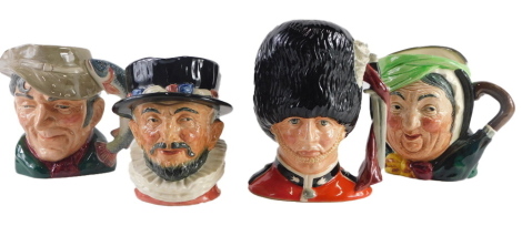 Four Royal Doulton character jugs, The Beefeater, The Guardsman, The Poacher, and Sairey Gamp.