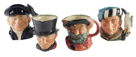 Four Royal Doulton character jugs, Falstaff, The Lobster Man, John Peel, and The Falconer.