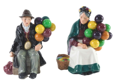 Two Royal Doulton porcelain figurines, The Old Balloon Seller, and The Balloon Man.