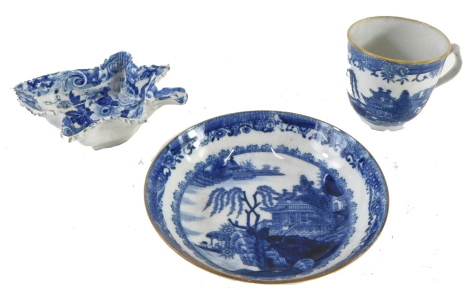 A 19thC blue printed leaf shaped pickle dish, unmarked, and a pearl wear blue printed coffee cup and saucer. (3)