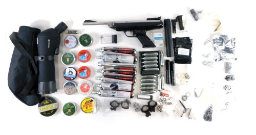 A large quantity of air pistol and related items, to include sites, air canisters, a BSA scorpion pistol, etc.