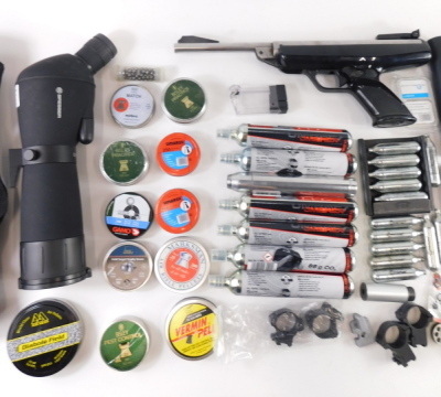 A large quantity of air pistol and related items, to include sites, air canisters, a BSA scorpion pistol, etc. - 6