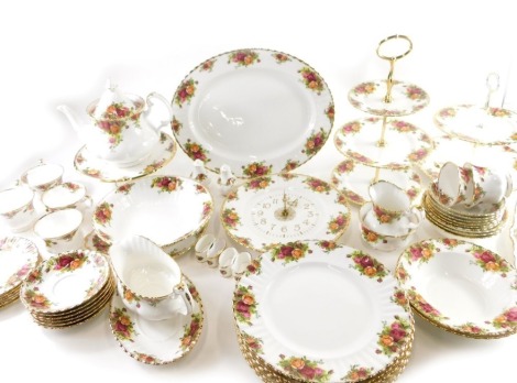 A quantity of Royal Albert Old Country Roses ceramics, to include teawares, two cake stands, clock, meat dish, etc.