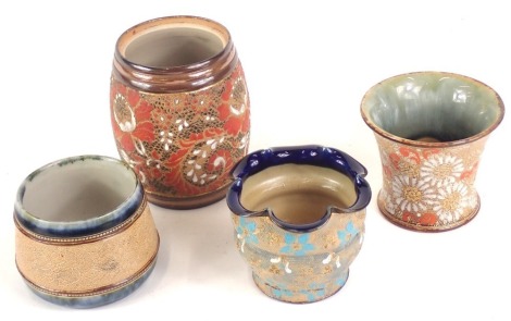 Four items of Royal Doulton Slaters Patent stoneware, to include three shallow vases or bowls, and a tobacco jar base, impressed marks to under the tobacco jar 11.5cm high, the tallest bowl 8cm high.