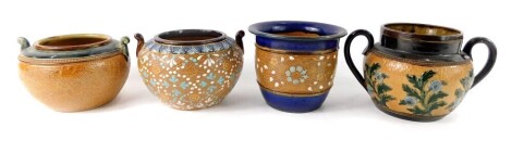 Four items of Royal Doulton stoneware, each on a brown glaze with blue banded top, approx 10cm high.