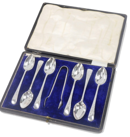 A Charles James Allen and Sydney Darwin Sheffield plate spoon and tong set, comprising six teaspoons and set of tongs, in fitted case.