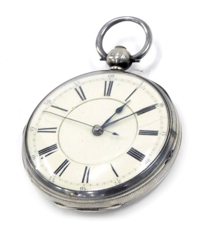 A George V silver pocket watch, with a white enamel Roman numeric and seconds dial, with blue handles, serial number 16127, maker JW, London 1861, 3.81oz.