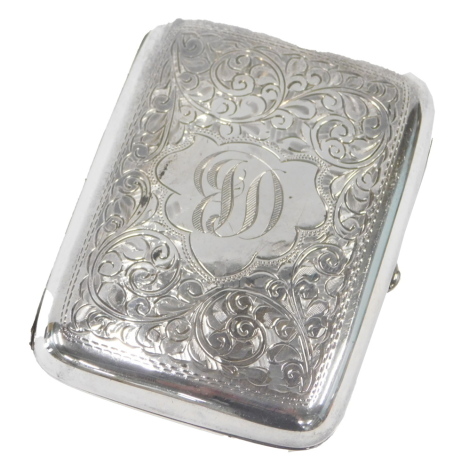 A George V silver cigar case, with engine turned floral decoration and central shield bearing the initials JD, maker WHS, Birmingham 1919, 2.53oz.