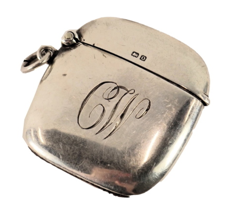 A George V silver Vesta case, with shaped and moulded ends, bearing the initials CW, Birmingham 1913, 0.73oz.