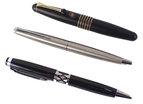 Three fountain pens, comprising a Parker silver cased fountain pen, a Germany Iridium point fountain pen in black case, and a cased Parker with mother of pearl centre boxed. (3)