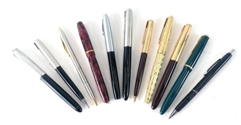 Cased fountain and ballpoint pens, comprising four Parker fountain pens, three Parker Biros, a Parker 51 boxed, a Shaffer fountain pen, a Nova marbled fountain pen, and a ballpoint. (a quantity)