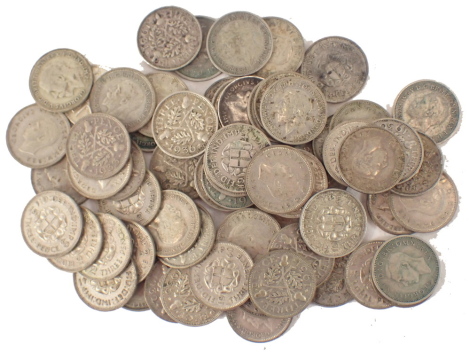 A group of pre-1946 silver three pence pieces, 91.8g all in.