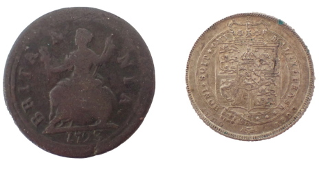 Two coins, comprising a George I farthing dated 1723, and a George IV 1825 six pence piece. (2)