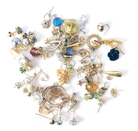 A group of costume and 9ct gold earrings, mainly stone set, enamel ladybird, single earrings, cz set stones, etc. (a quantity)