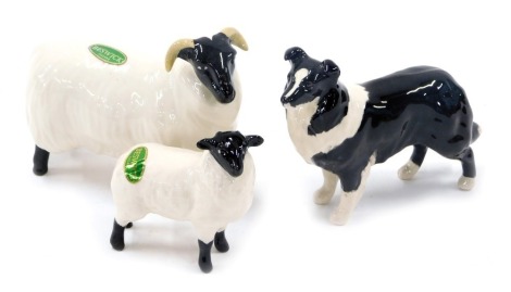 Three Beswick animals, comprising a ram, 8cm high, a lamb, 4cm high, and a sheepdog, 7cm high. (3)