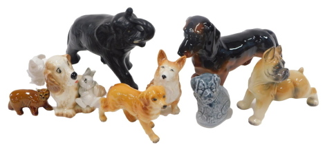 A collection of animal ornaments, comprising a Hornsea dog and rabbit, unmarked Labrador, a Beswick scottie dog with ladybird tail, 7cm high, seated corgi, etc. (1 tray)