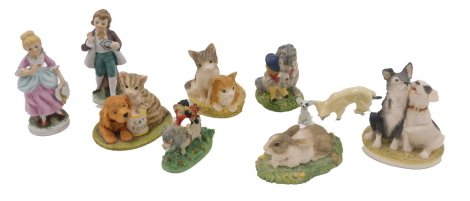 John Beswick studio sculpture animal figures, comprising Puppy Love, Menu for Today, I Forgive You, The Young Friends, Eye Spy, Contentment, Holloa Away, ceramic cat and mouse, and a pair of continental Taiwanese figures. (1 tray)