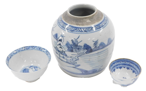 19thC Chinese ceramics, comprising a ginger jar base, decorated in blue with streams and trees, 16cm high, a tea bowl with gilded rim, 7.5cm diameter and another of plain design unmarked, 11cm diameter. (3)