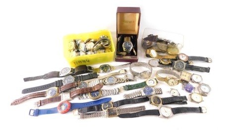 A group of wristwatches, Wallace and Gromit, pocket watches, Seiko, Sekonda and others. (1 tray)