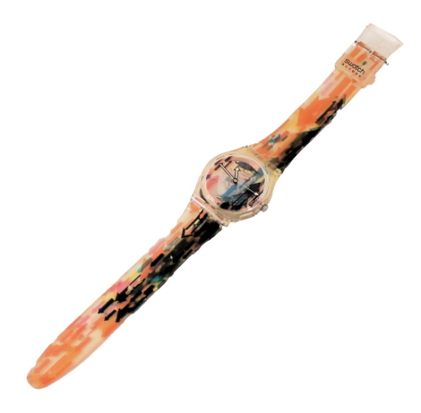 A Swatch Access cased wristwatch, with multicoloured strap.