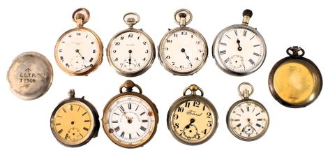 A collection of pocket watch parts, comprising a William Owen of Leeds gold plated pocket watch, brass cased pocket watch, Continental fob watch, etc. (1 tin)