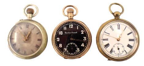 Three pocket watches, comprising a Trenton Record gold plated and black faced pocket watch with Roman numeric dial, a JR brass cased pocket watch with white enamel Roman numeric dial and seconds dial, and a Best Leather pocket watch. (3)