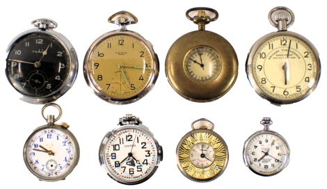 A collection of pocket and fob watches, comprising a Ruhlo stainless steel cased and black faced pocket watch, a Kienzle seven jewel movement stainless steel cased pocket watch, a railway timekeeper's pocket watch, Chinese dialled pocket watch, Uno fob wa