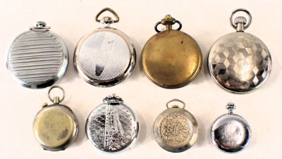 A collection of pocket and fob watches, comprising a Ruhlo stainless steel cased and black faced pocket watch, a Kienzle seven jewel movement stainless steel cased pocket watch, a railway timekeeper's pocket watch, Chinese dialled pocket watch, Uno fob wa - 2