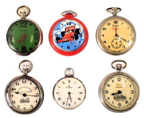 Three pocket watches, comprising two railway regulators, a Tree Lawn eight ruby movement stainless steel cased locomotive pocket watch, a child's Westclox racing car pocket watch, and two others. (6)