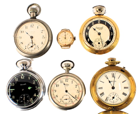 Six watches, comprising an aircraft stainless steel cased black faced pocket watch, an Ingersoll Junior stainless steel cased pocket watch, Ingersoll Crown, Ingersoll Trump, and various others. (6)