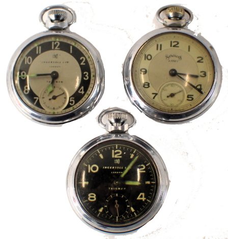 Three pocket watches, comprising an Ingersoll Triumph, with silvered face, Ingersoll Triumph with back face, and a Services Army stainless steel cased pocket watch. (3)