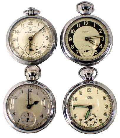 Four pocket watches, comprising an Ingersoll white numeric dialled pocket watch, a Smiths Empire silvered finish numeric dial watch, and an S Services watch. (4)