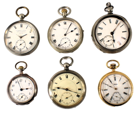 A collection of pocket watches, comprising a Tatum gold coloured finish pocket watch, a silver plated and crested fob watch, a Clark and Sons John Ploughman stainless steel cased pocket watch, and three others unmarked. (AF)