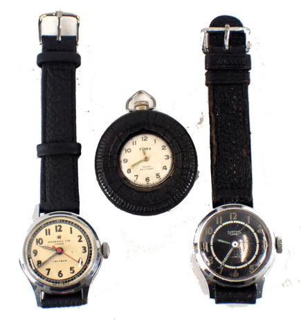 Two wristwatches, comprising an Ingersoll Triumph cream faced and numeric wristwatch, a Smiths Empire five jewel black faced wristwatch, and a Timex type clock. (3)