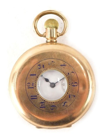 A Waltham gold plated half hunter pocket watch, the outer case with numeric black enamelled dial, opening to reveal a white enamel Roman numeric dial with blue hands and seconds dial.