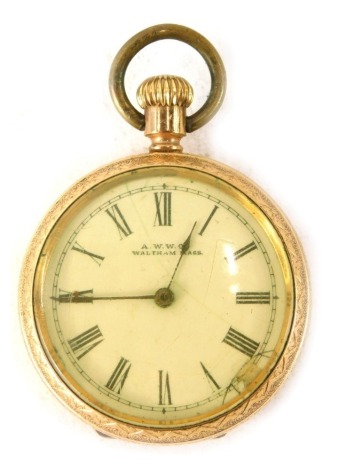 An American gold plated fob watch, stamped AWW and Co Waltham Mass, on a white enamel dial with Roman numeric border and gold hands, the case with embossed design and vacant cartouche, 38.4g all in.