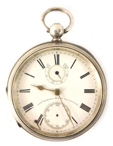 An Edward VII silver pocket watch, by Thomas Russell and Son of Liverpool, with horse shoe updown mount, the white enamel Roman numeric dial with second star and hands, with an English lever Thomas Russell and Son's movement of Liverpool, numbered 75217, 