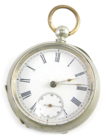 A George V pocket watch, in a stainless steel case marked Swiss with a Swiss key wind movement numbered 487920, with white enamel Roman numeric dial, gold hands and seconds marker.