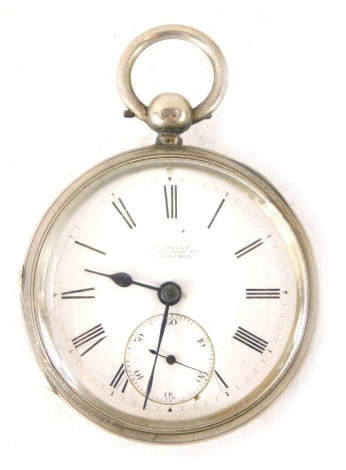 A Victorian Russell's of Liverpool silver cased pocket watch, with a white enamel Roman numeric dial, blue hands and seconds dial, with a Russell's pocket watch movement stamped Makers to the Queen, 18 Church Street, Liverpool, numbered 78536, London 1883