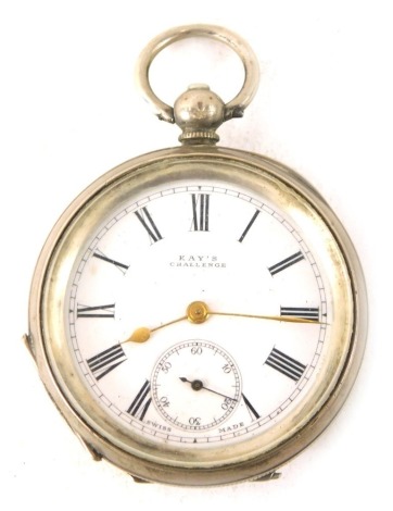 A Kaye's Challenge Continental silver pocket watch, with a white enamel Roman numeric dial, gold hands, and seconds dial with 16 rubis movement, import marks, maker WK stamped 935, serial number 940755, the engine turned case with vacant cartouche, 86.4g 