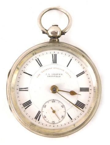 An Edward VII silver cased pocket watch, the express English leather action by JG Greaves of Sheffield, with a JG Greaves of Sheffield 17 rubis movement numbered 564560, Chester 1901, 128.1g all in.